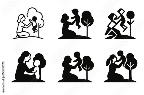 Mother-Son Park Logos. A Mother and Son Enjoying a Playful Moment in the Park. Set Logo of A Mother and Son Enjoying a Playful Moment in the Park: parent and
