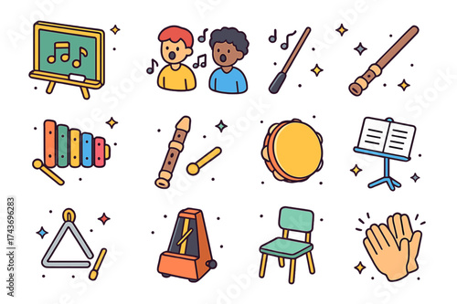 Music Class Icons. Music class. Colorful isometric vector icons set of music class: blackboard with notes, students singing, conductor baton, xylophone,