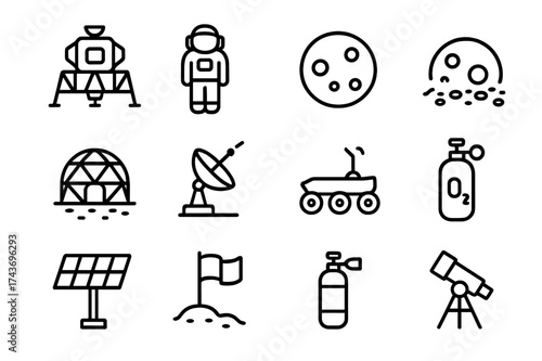 Moon Base Icons. Moon bases. Line icon set of moon bases: lunar module, astronaut, moon surface, habitat dome, satellite dish, rover, solar panel, space flag,