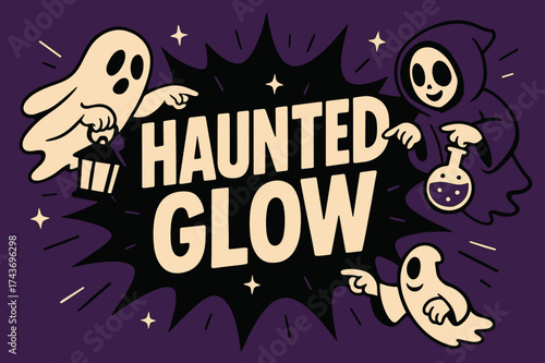 HauntedGlow Spectral Showcase. HauntedGlow banner, flat vector illustration, bold oversized text inside splash explosion shape, cartoon characters floating and