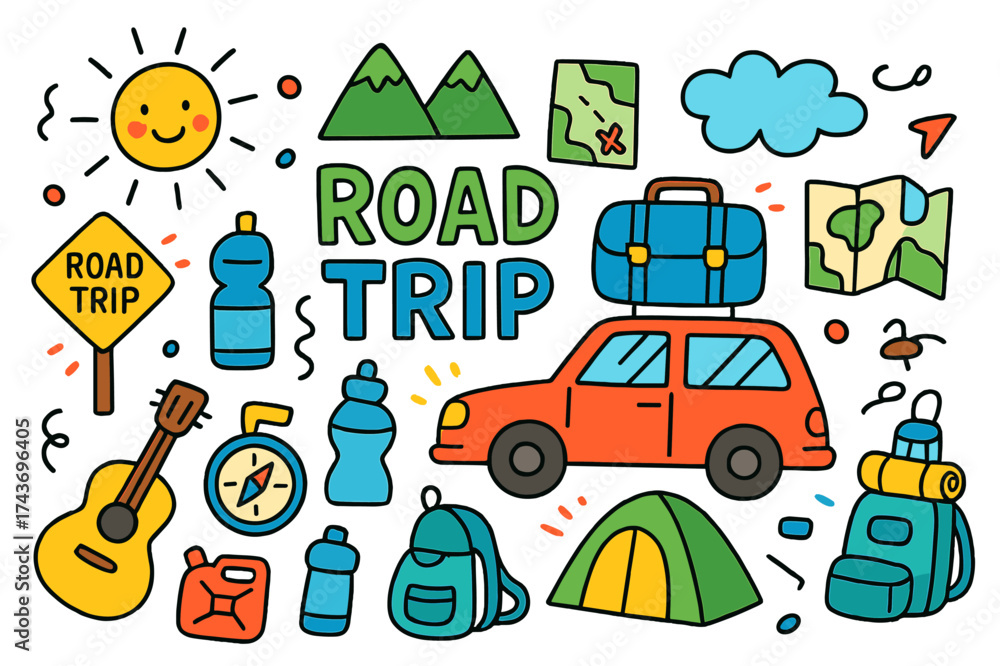 Naklejka premium Colorful Road Trip Doodles. Road Trip. Colorful Hand-drawn doodle Children illustration Car, suitcase, map, road sign, mountain, sun, cloud, tent, compass,