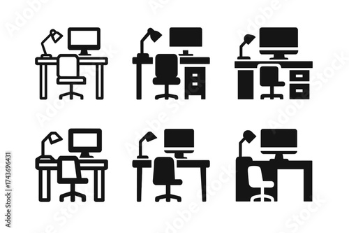 Home Office Logo Variations. Designing home office spaces for productivity. Set Logo of Interior design: functional desk setup icon. harmonious logo variations