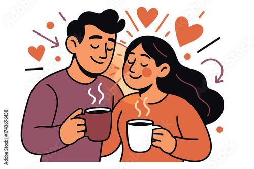 Warmth and Tenderness. Cozy moment. Glowing couple holding steaming mugs, abstract floating hearts and light rays emphasizing warmth and tenderness. Modern