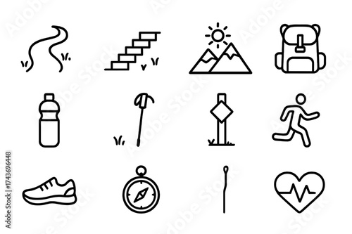 Outdoor Exercise Icons. Outdoor Exercise. Line icon set of Outdoor Exercise: hiking trail, stairs outdoors, mountain, sun, backpack, water bottle, walking
