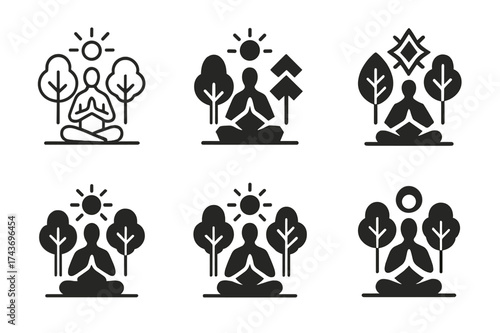 Meditative Logo Variations. Prayer in nature. Set Logo of Spirituality: person meditating outdoors. harmonious logo variations of the same emblematic concept,