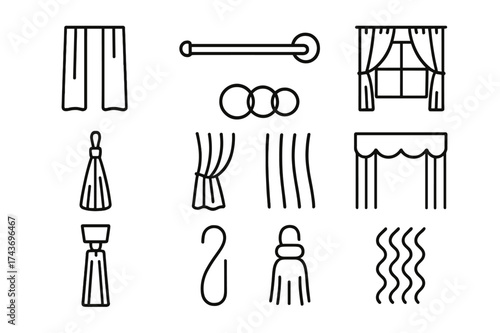 Linen Curtain Icon Set. Linen curtains. Line icon set of Linen curtains: curtain panel, curtain rod, tieback, window, tassel, drapery rings, folds, valance,