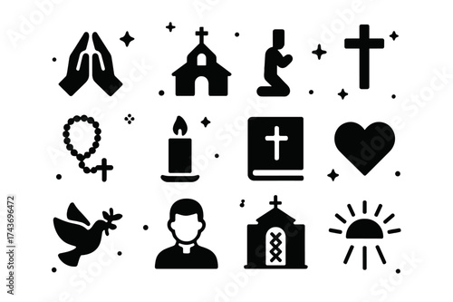 Confession Icon Set. Confession. Solid icons set of Confession: praying hands, church, cross, kneeling figure, rosary, candle, bible, heart, dove, priest,