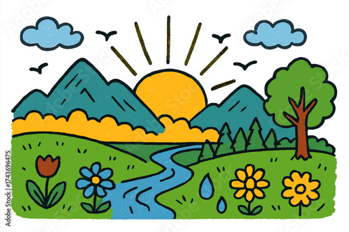 Sunrise Over Mountainscape. Sunrise Landscape. Colorful Hand-drawn doodle Children illustration Mountain range, sun rising over the horizon, birds, clouds,