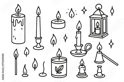 Candle Doodle Collection. Candles. Hand-drawn doodle illustration candles pillar candle, taper candle, tealight, candle holder, flame, wax drips, matchstick,