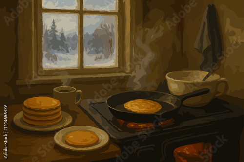 Cozy Pancake Morning. Making pancakes on a cold morning