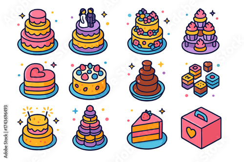 Colorful Wedding Cakes. Wedding cake. Colorful isometric vector icons set of wedding cake: tiered cake, cake topper couple, floral cake, cupcake tower,