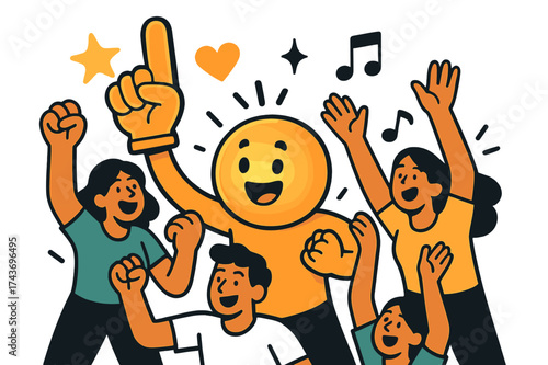 Energetic Mascot Celebration. Cheering crowd. Mascot glowing while waving foam finger alongside fans. Floating heart, sparkle, and music icons