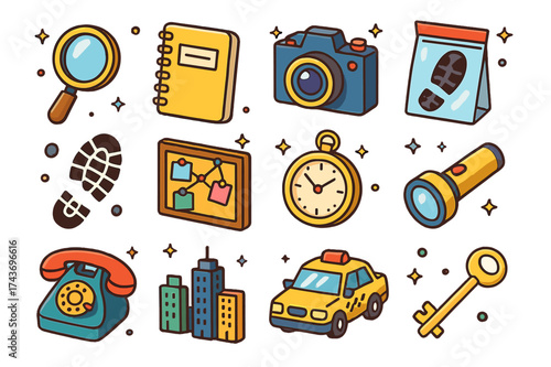 Detective Icons Set. Detective Story. Colorful isometric vector icons set of detective story: magnifying glass, notebook, camera, evidence bag, footprint, red