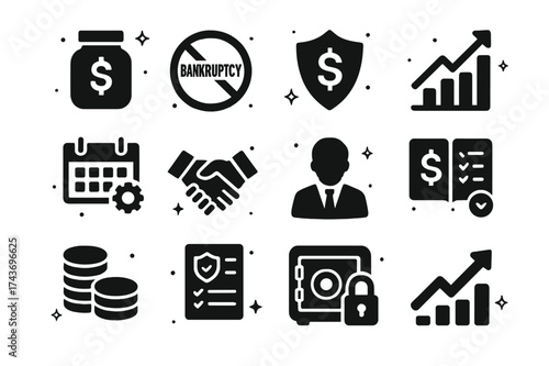 Bankruptcy Prevention Icons. Bankruptcy prevention. Solid icons set of savings jar, crossed bankrupt sign, shield with dollar, investment graph, planning
