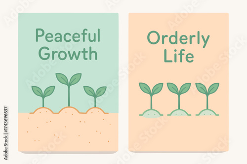 Peaceful Orderly Growth. Growth. Two vertical A6 banners with safe margins, centered composition, no elements touching edges, pastel style, mint and peach,