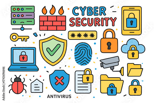 Cybersecurity Doodle Icons. Cybersecurity in business. Colorful Hand-drawn doodle Children illustration cybersecurity in business shield, lock, key, firewall,