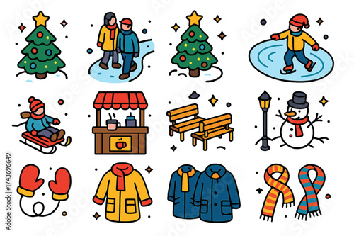 Winter Wonderland Icons. Holiday park. Colorful isometric vector icons set of holiday park: decorated trees, people walking, snow-covered path, ice skating,