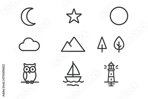 Moonlit Icon Set. Moonlight Calm. Line icon set of Moonlight Calm: crescent moon, star, water ripples, cloud, mountain, tree, owl, boat, lighthouse,