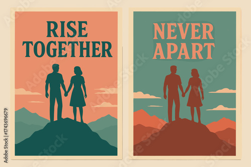 Vintage Togetherness Banners. Togetherness. Two vertical A6 banners with safe margins, centered composition, no elements touching edges, retro style, coral and