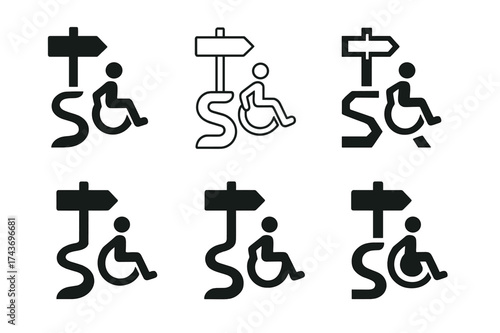 Accessible Wayfinding Logos. Designing for accessibility in urban environments. Set Logo of wayfinding map: directional sign with accessible route. harmonious
