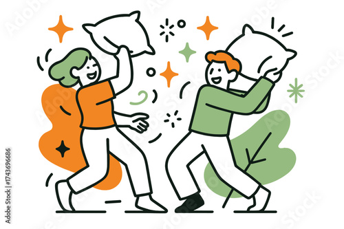 Playful Pillow Fury. Pillow Fight. Two glowing characters tossing fluffy pillows, abstract floating spark and star icons symbolizing playful energy. Modern