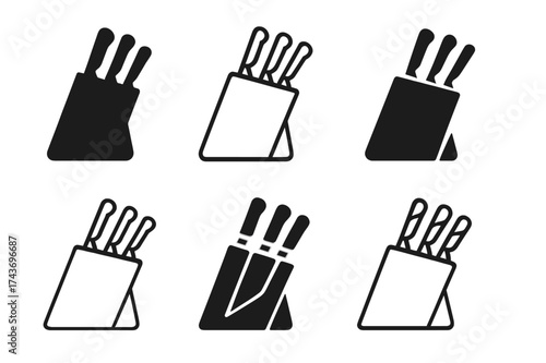 Knife Block Logos. Knife block. Set Logo of Kitchenware: block of assorted knives icon. harmonious logo variations of the same emblematic concept, each with