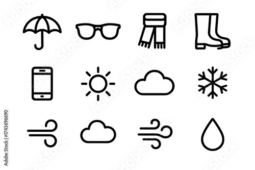 Weather Icons Showcase. Weather lifestyle. Line icon set of weather lifestyle: umbrella, sunglasses, scarf, rain boots, smartphone, sun, cloud, snowflake, wind