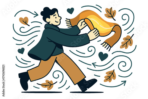 Glowing Autumn Scarves. Cozy breeze. Person holding a glowing scarf as autumn wind swirls it around. Floating heart and leaf icons showing warmth and comfort.