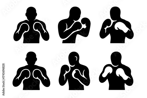Boxer Silhouette Logos. Boxing fitness workouts. Set Logo of boxer silhouette: Symmetrical form, Filled silhouette, Negative space, Stylized detail, Flat