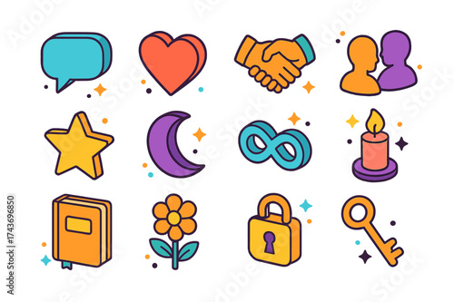 Mutual Understanding Icons. Mutual Understanding. Colorful isometric vector icons set of mutual understanding: conversation bubble, heart, handshake, couple