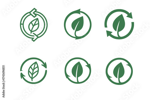 Plant CO2 Exchange Logos. How a plant makes food. Set Logo of CO2 exchange: leaf with circular arrows symbolizing gas flow. harmonious logo variations of the