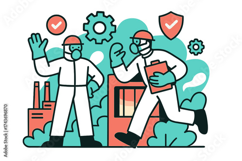 Factory Safety Culture. Safe Environment. Workers in a glowing factory wearing full protective gear, abstract floating icons of gears and shields showing