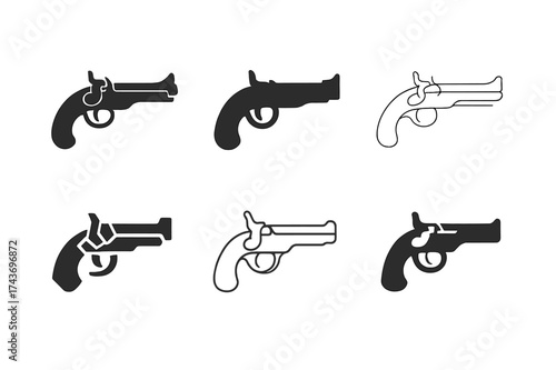 Flintlock Emblem Collection. Antique Weapons. Set Logo of Antique Weapons: flintlock pistol. harmonious logo variations of the same emblematic concept, each