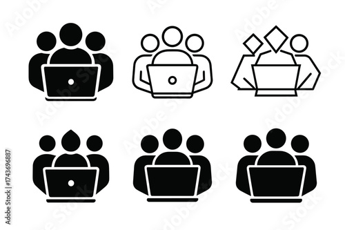 Creative Student Logos Grid. Students making presentations and projects. Set Logo of laptop group: students working on shared laptop. harmonious logo