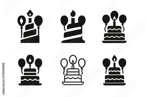 Birthday Logo Variations. Blowing Out Birthday. Set Logo of Birthday Celebration: balloons around cake. harmonious logo variations of the same emblematic