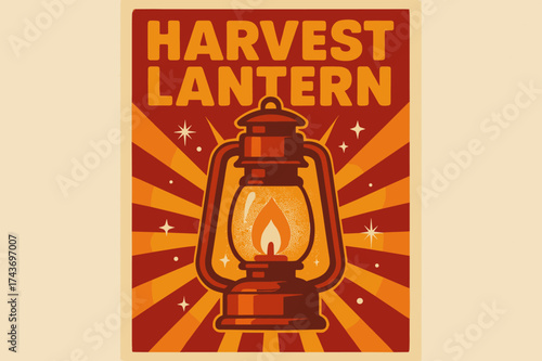 Harvest Lantern Nostalgia. Harvest Lantern ? Retro Poster, bold rounded retro font, centered composition with halftone rays, paper grain texture, sparkles and