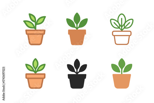 Budget Home Decor Logos. Home decor on a budget. Set Logo of Home decor on a budget: Indoor plant in terracotta pot. harmonious logo variations of the same