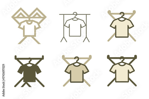 Laundry Drying Logos. Hanging up clothes immediately after laundry. Set Logo of Hanging up clothes immediately after laundry: Drying rack. harmonious logo