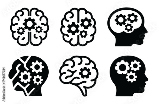 Stress Management Logos. Handling job stress and improving work performance. Set Logo of Handling job stress and improving work performance: Brain with gears.