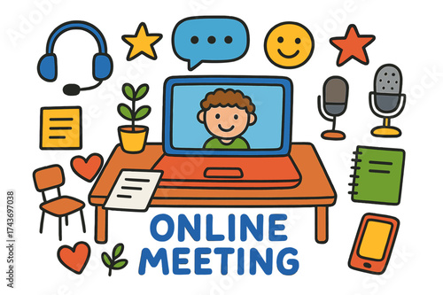 Colorful Online Meeting Doodles. Online Meeting. Colorful Hand-drawn doodle Children illustration laptop, headset, microphone, chat bubble, smiley face, star,