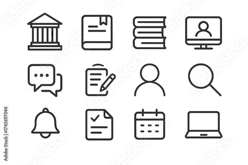 Student Resources Icons. Student resources. Line icon set of Student resources: library icon, ebook, course materials, video lecture, discussion forum,