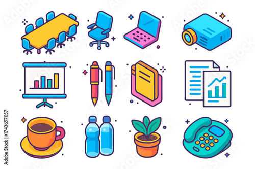 Isometric Boardroom Icons. Boardroom setup. Colorful isometric vector icons set of boardroom setup: long conference table, executive chairs, laptop, projector,