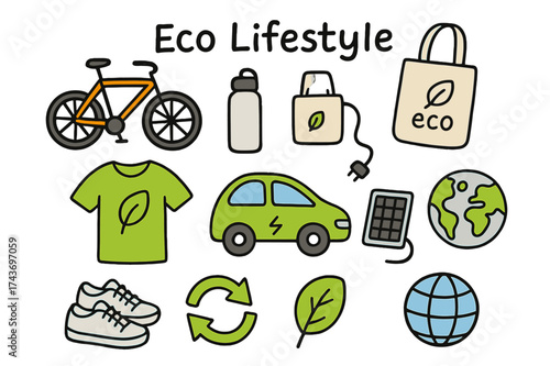 Eco Lifestyle Symbols. Eco Lifestyle. Hand-drawn doodle illustration bicycle (colored), reusable bottle, canvas bag (colored), solar charger, electric car