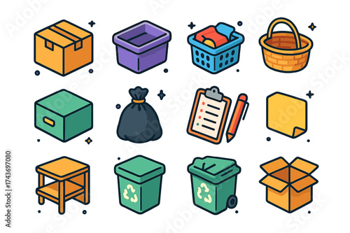 Colorful Decluttering Icons. Decluttering. Colorful isometric vector icons set of decluttering: labeled box, plastic bin, laundry basket, wicker basket,