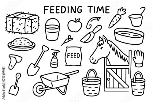 Farm Feeding Essentials. Feeding Time. Hand-drawn doodle illustration Feeding Time hay bale, bucket, feed scoop, carrot, apple, feed bag, water trough, oats,