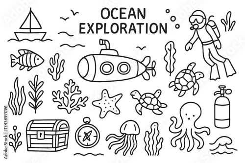 Ocean Exploration Doodles. Ocean exploration. Hand-drawn doodle illustration ocean exploration submarine, scuba diver, fish, coral, seaweed, turtle, oxygen