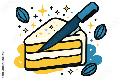 Creamy Cake Delight. Close-up sweetness. A detailed view of the cake slice glowing with creamy layers, knife halfway through. Floating cocoa beans and sugar