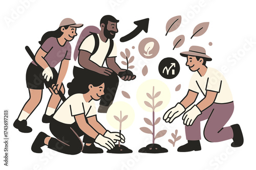 Reforestation Volunteers in Action. Eco-tour volunteers. Tourists planting glowing trees as part of reforestation programs. Floating growth and leaf icons