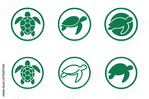 Sea Turtle Logo Variations. Endangered species and their protection. Set Logo of sea turtle: turtle swimming with protective circle. harmonious logo variations