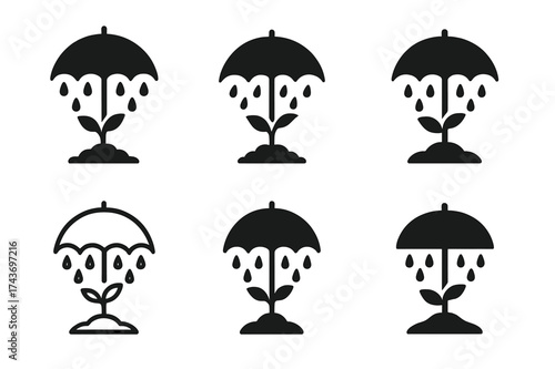 Umbrella Crop Logos. Impact of monsoons on tropical agriculture. Set Logo of umbrella crop: plant protected by umbrella under rainfall. harmonious logo